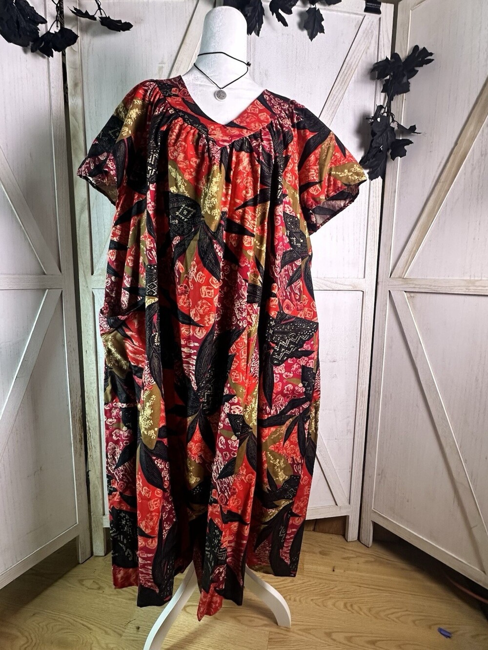 Vintage mumu witchy dark romantic Red Black house dress lounge kaftan moody 2X